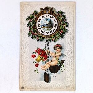 New Year Postcard Antique Victorian Winged Angel Cuckoo Clock Red Roses, Holly